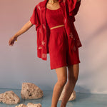 Red Co - ord Set with Shell Embroidery Crop Top and Shorts - Western Era Co - ord set for women