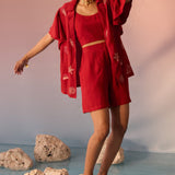 Red Co - ord Set with Shell Embroidery Crop Top and Shorts - Western Era Co - ord set for women