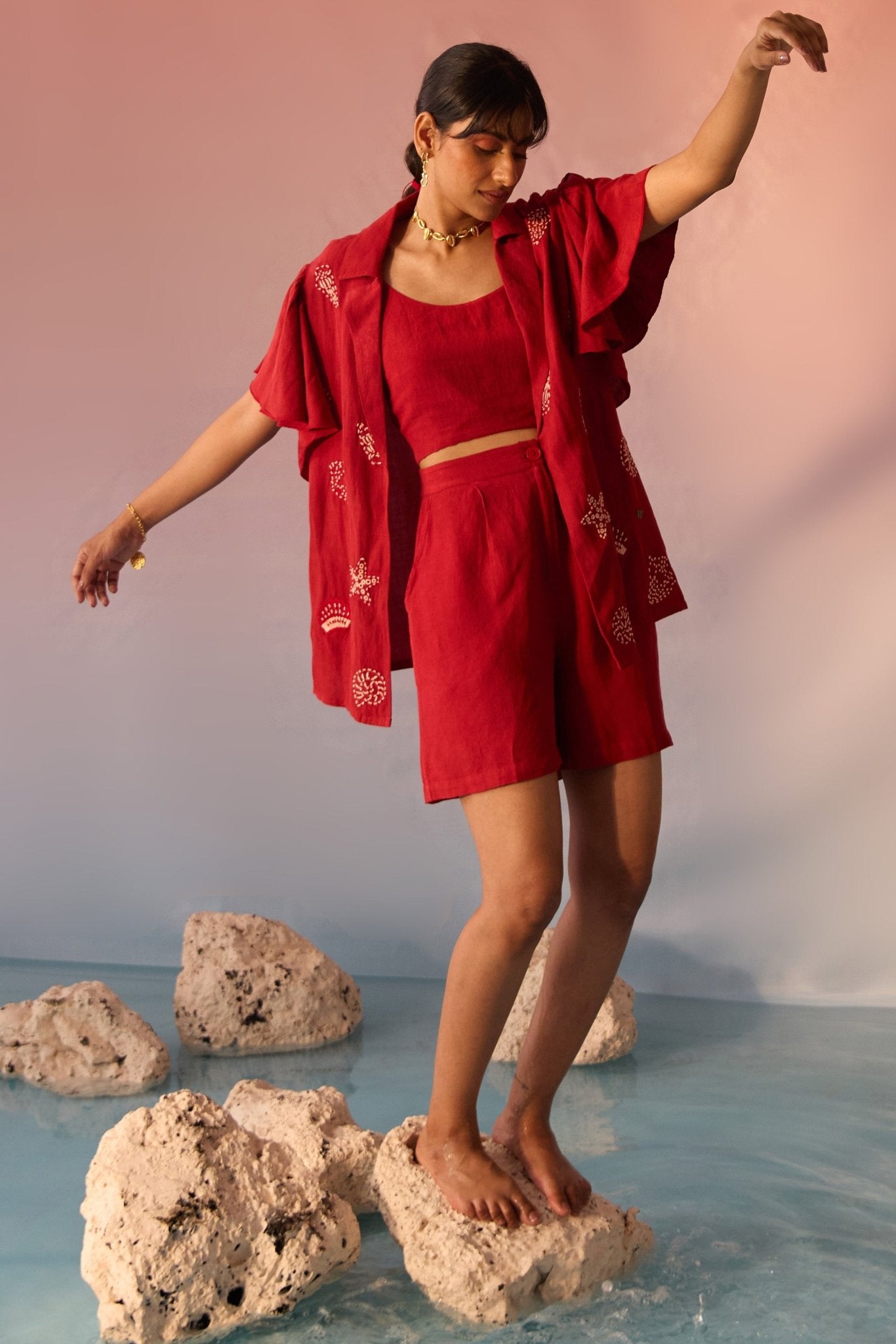Red Co - ord Set with Shell Embroidery Crop Top and Shorts - Western Era Co - ord set for women