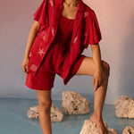 Red Co - ord Set with Shell Embroidery Crop Top and Shorts - Western Era Co - ord set for women