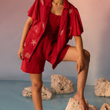 Red Co - ord Set with Shell Embroidery Crop Top and Shorts - Western Era Co - ord set for women