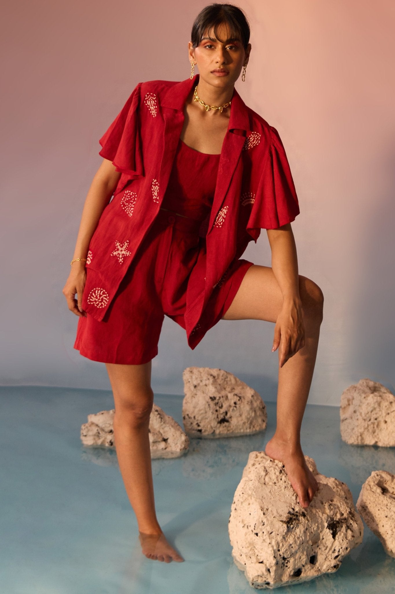 Red Co - ord Set with Shell Embroidery Crop Top and Shorts - Western Era Co - ord set for women
