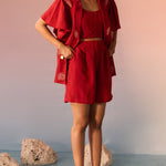 Red Co - ord Set with Shell Embroidery Crop Top and Shorts - Western Era Co - ord set for women
