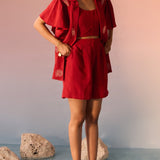 Red Co - ord Set with Shell Embroidery Crop Top and Shorts - Western Era Co - ord set for women
