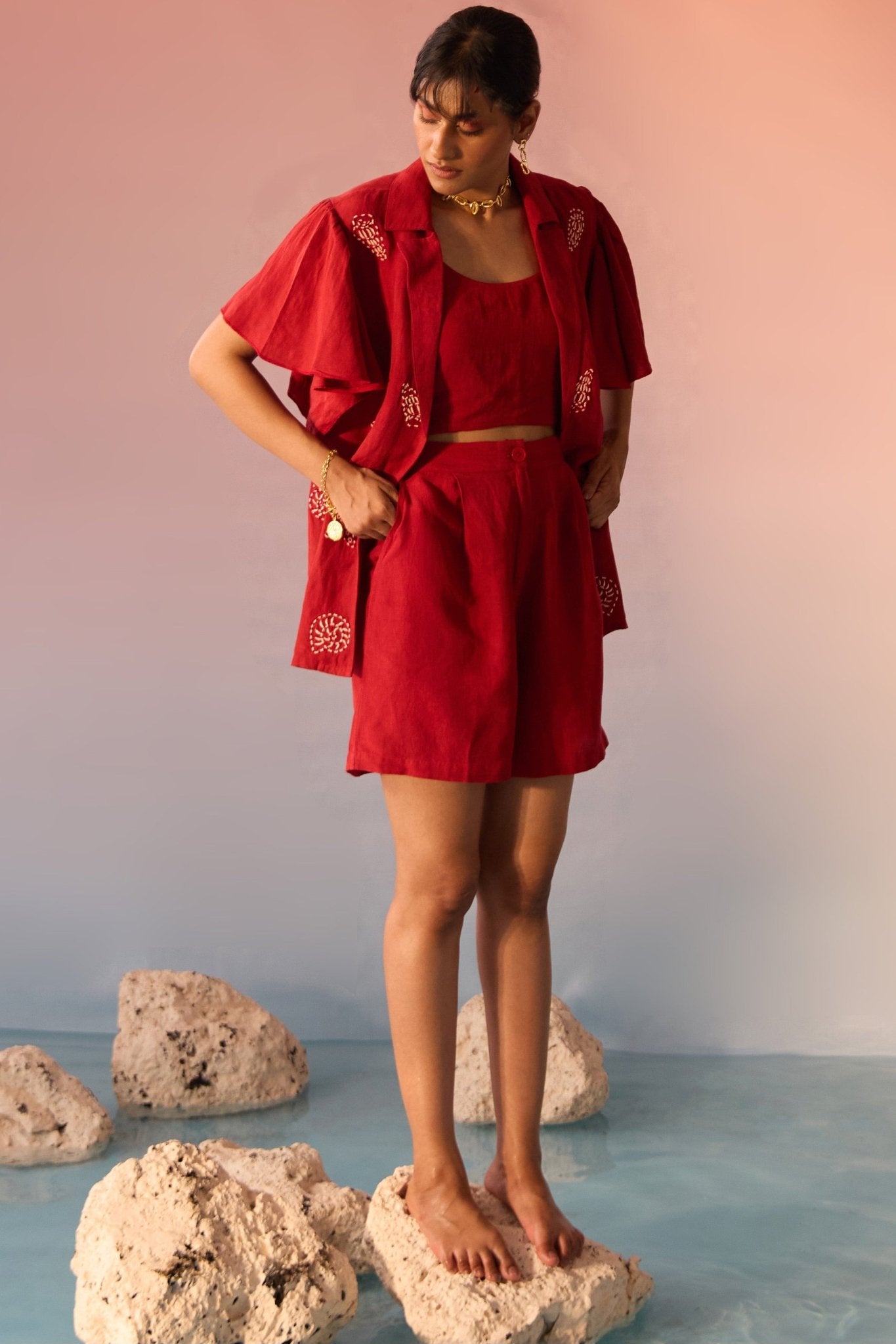Red Co - ord Set with Shell Embroidery Crop Top and Shorts - Western Era Co - ord set for women
