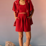 Red Co - ord Set with Shell Embroidery Crop Top and Shorts - Western Era Co - ord set for women