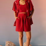Red Co - ord Set with Shell Embroidery Crop Top and Shorts - Western Era Co - ord set for women