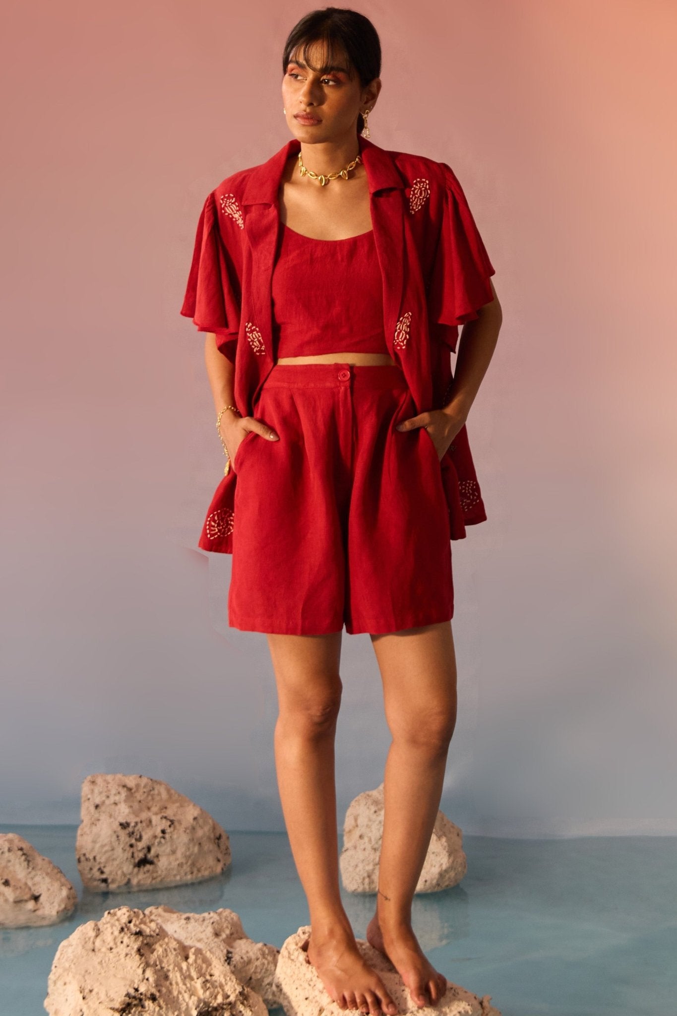 Red Co - ord Set with Shell Embroidery Crop Top and Shorts - Western Era Co - ord set for women