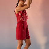 Red Mesh Crop Top with Inner Crop Top and pleated shorts - 3 Piece set - Western Era Co - ord set for women
