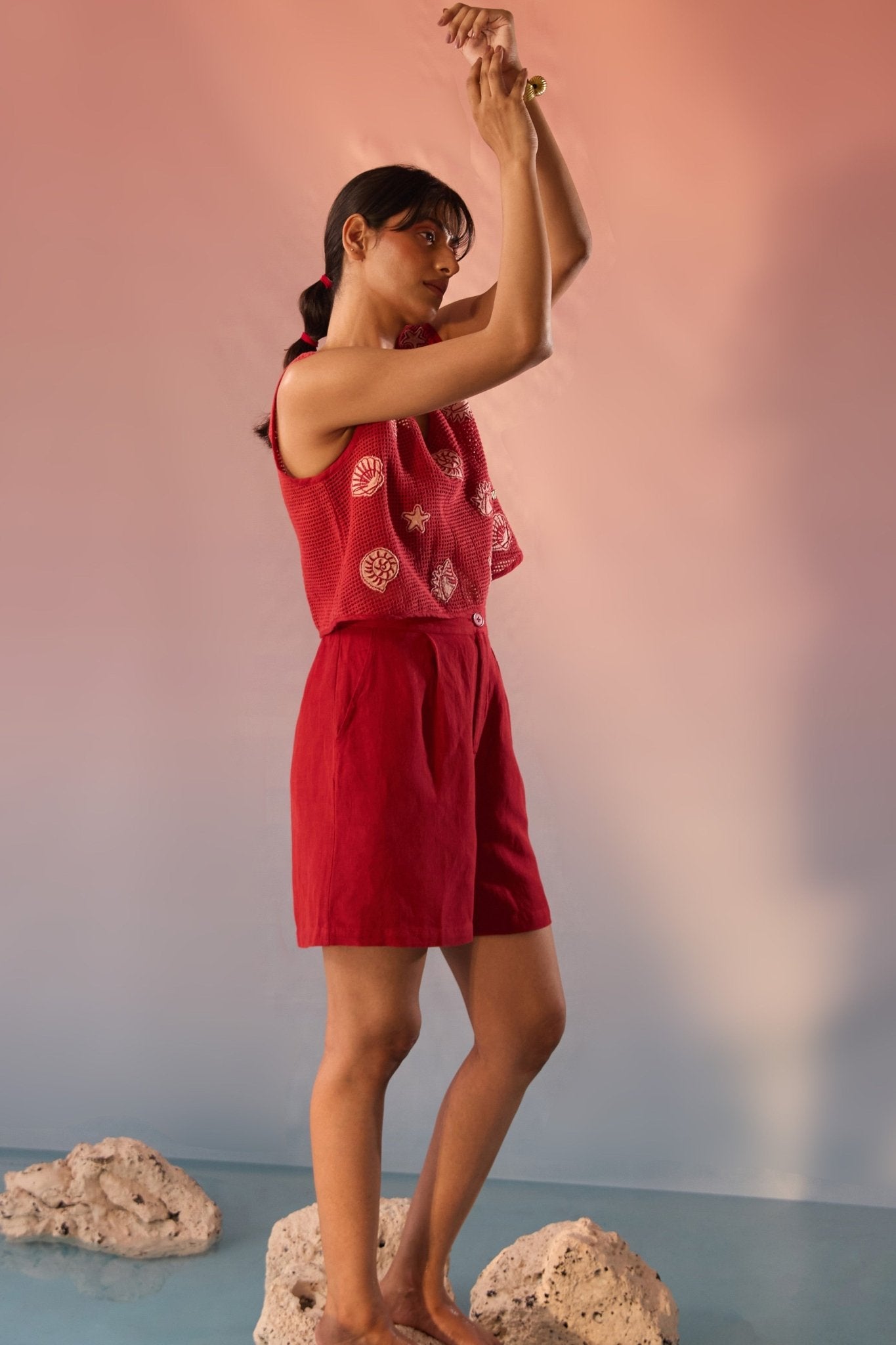Red Mesh Crop Top with Inner Crop Top and pleated shorts - 3 Piece set - Western Era Co - ord set for women