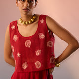 Red Mesh Crop Top with Inner Crop Top and pleated shorts - 3 Piece set - Western Era Co - ord set for women