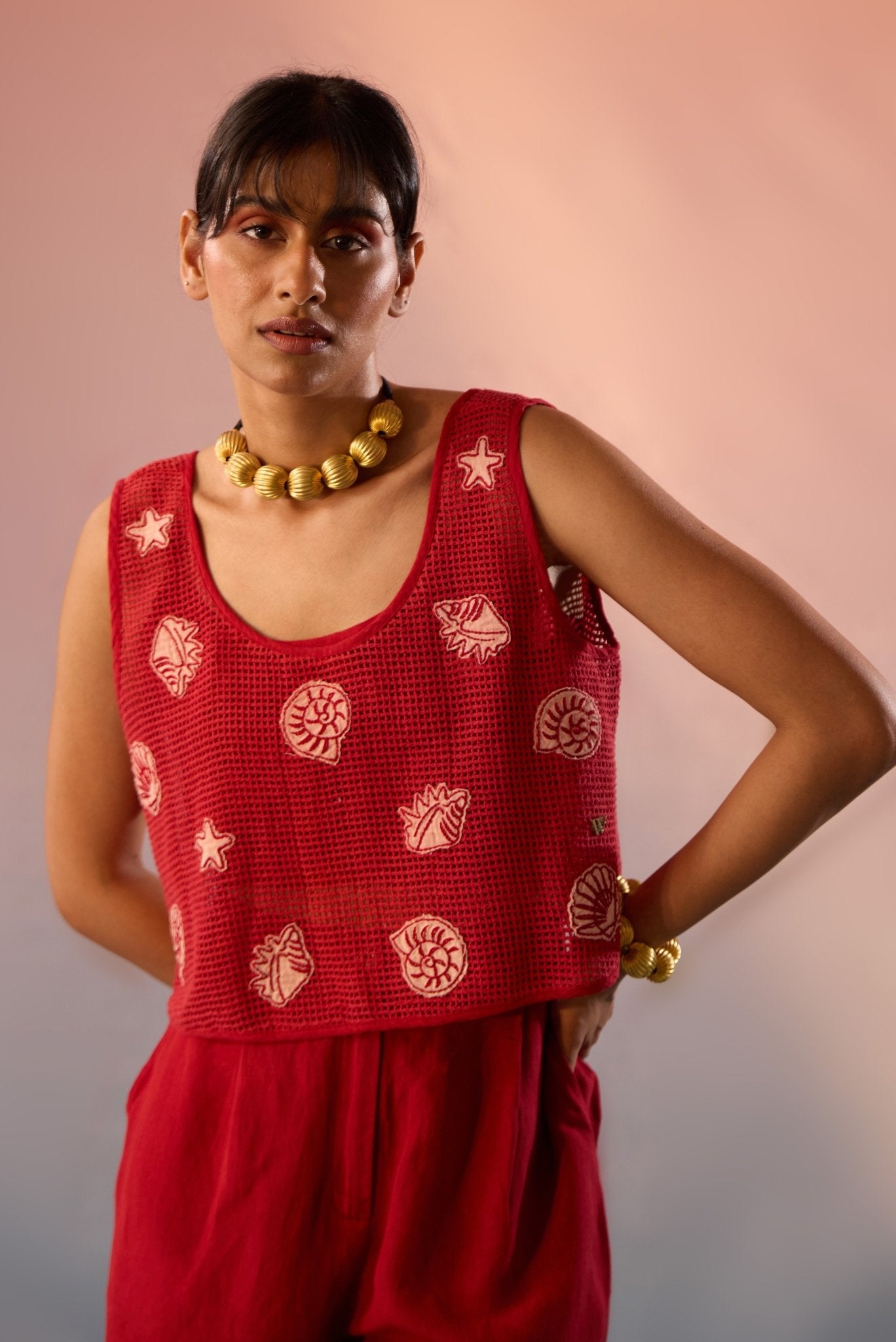 Red Mesh Crop Top with Inner Crop Top and pleated shorts - 3 Piece set - Western Era Co - ord set for women