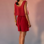 Red Mesh Crop Top with Inner Crop Top and pleated shorts - 3 Piece set - Western Era Co - ord set for women