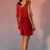 Red Mesh Crop Top with Inner Crop Top and pleated shorts - 3 Piece set - Western Era Co - ord set for women