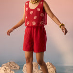 Red Mesh Crop Top with Inner Crop Top and pleated shorts - 3 Piece set - Western Era Co - ord set for women