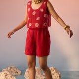 Red Mesh Crop Top with Inner Crop Top and pleated shorts - 3 Piece set - Western Era Co - ord set for women