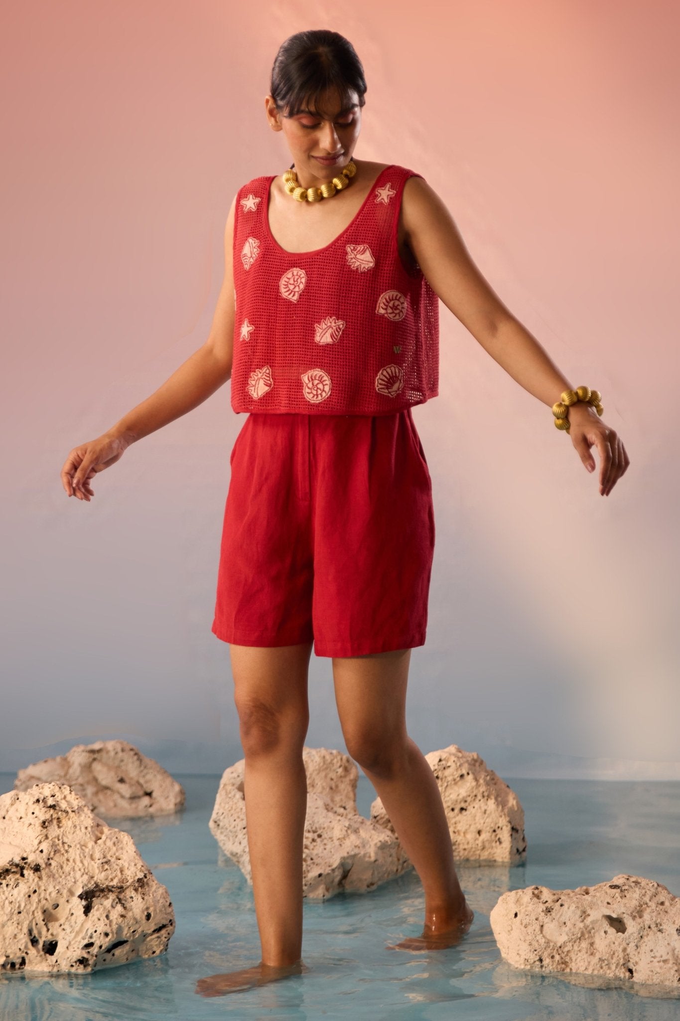 Red Mesh Crop Top with Inner Crop Top and pleated shorts - 3 Piece set - Western Era Co - ord set for women