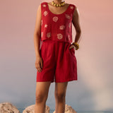 Red Mesh Crop Top with Inner Crop Top and pleated shorts - 3 Piece set - Western Era Co - ord set for women