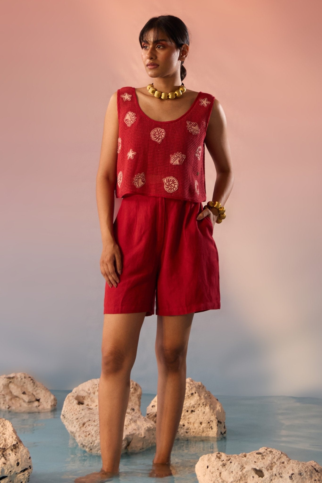 Red Mesh Crop Top with Inner Crop Top and pleated shorts - 3 Piece set - Western Era Co - ord set for women