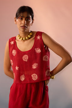 Red Mesh Crop Top with Sea Motif Patch and Inner Crop Top