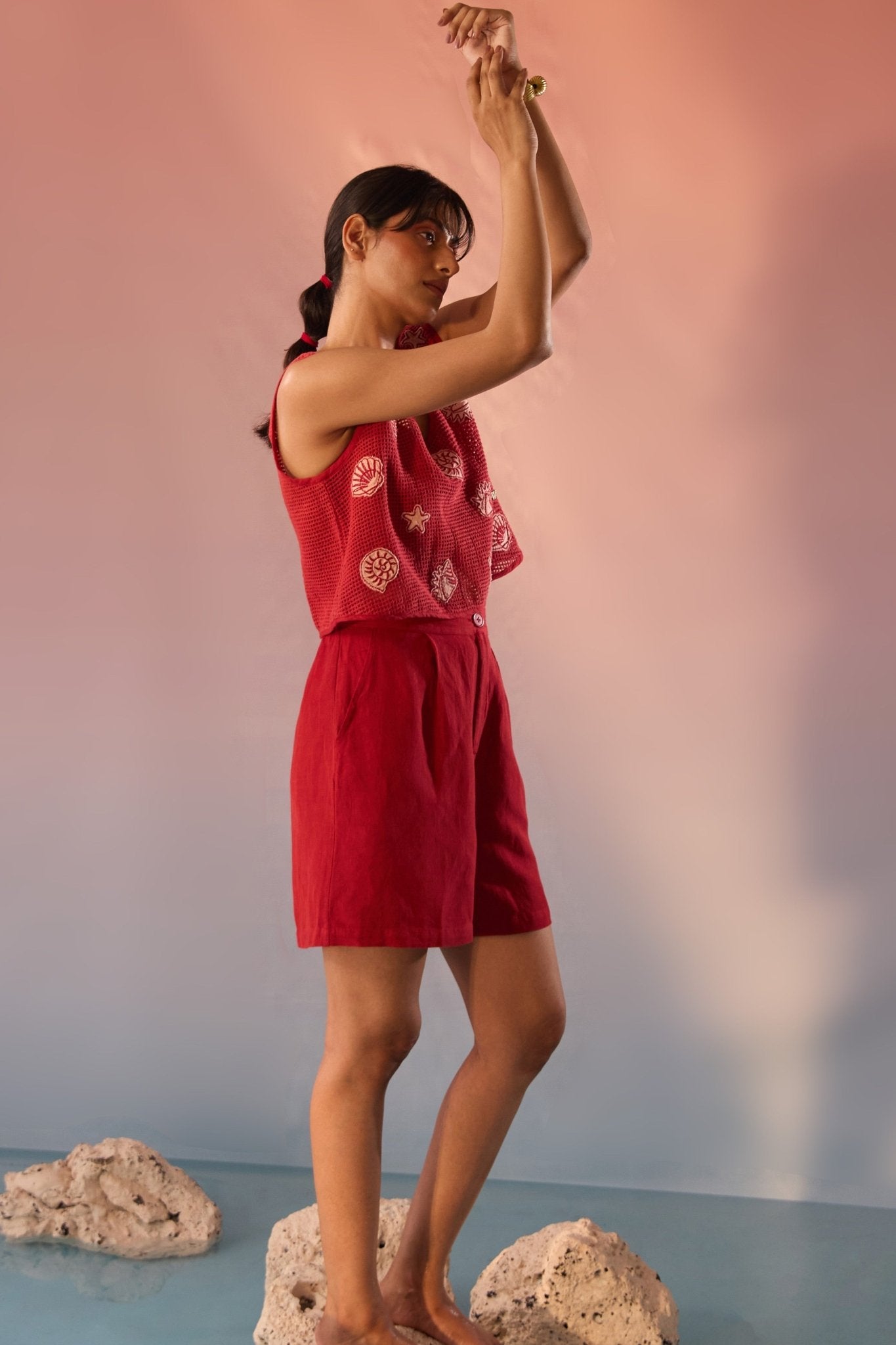 Red Mesh Crop Top with Sea Motif Patch and Inner Crop Top - Western Era Tops for women