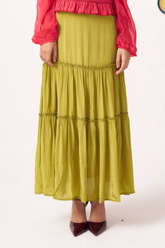 Rivaya Flared Lime Green Skirt - Western Era Bottoms for women