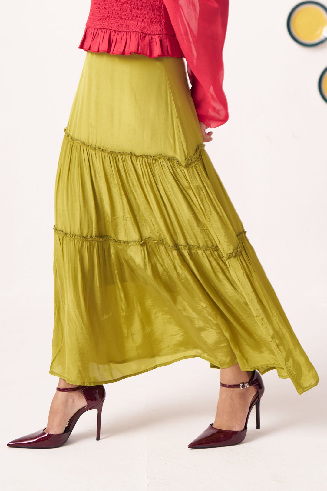 Rivaya Flared Lime Green Skirt - Western Era Bottoms for women