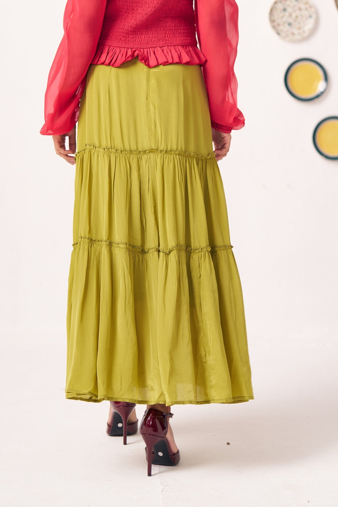 Rivaya Flared Lime Green Skirt - Western Era Bottoms for women