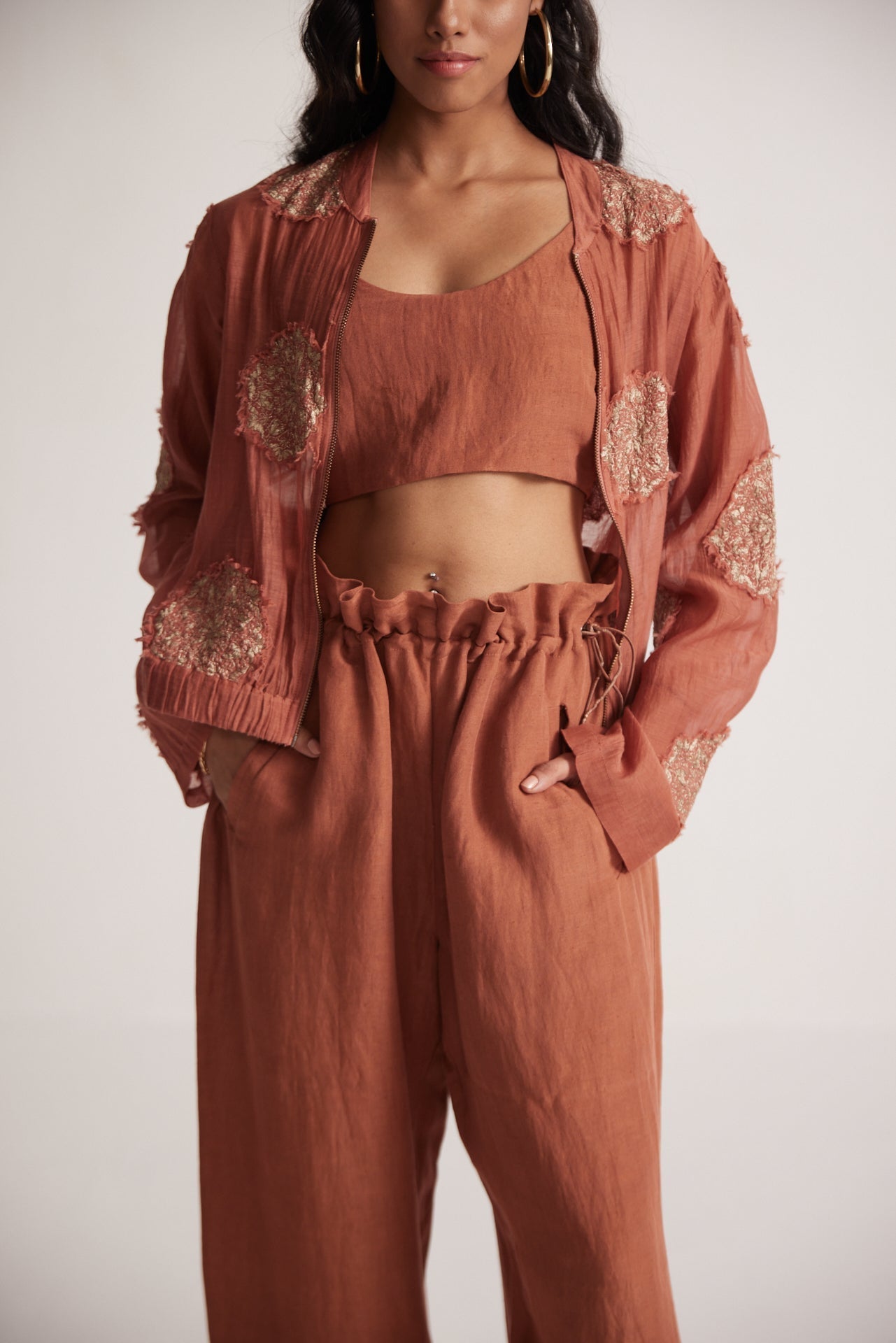 Rust Baggy Trouser With Flared Waist And Elastic Draw Strings - Western Era Bottoms for women