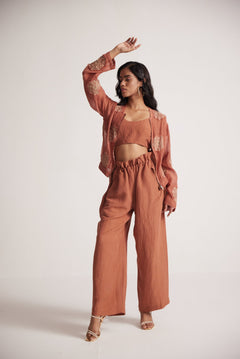 Rust Baggy Trouser With Flared Waist And Elastic Draw Strings - Western Era Bottoms for women