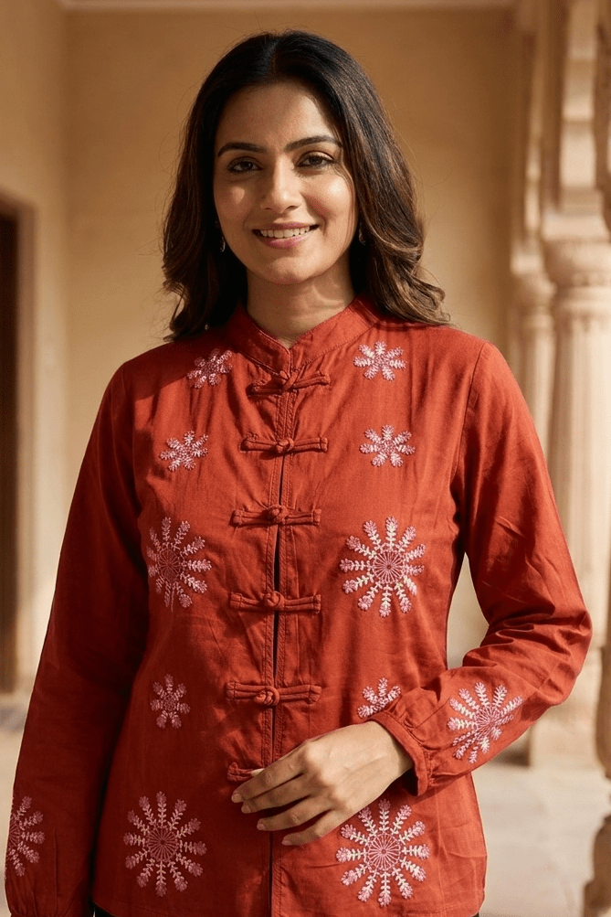 Rust Cotton Satin Floral Embroidered Jacket with Loop Closures - Western Era Tops for women