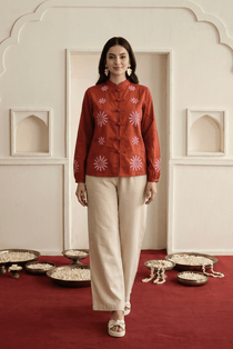 Rust Cotton Satin Floral Embroidered Top and Trouser Co-Ord Set - Western Era Co-ord set for women