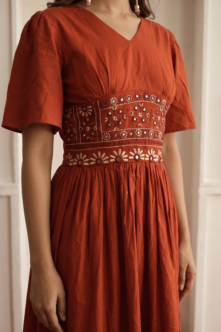 Rust Cotton Satin Mirror Embroidery Dress with Gathered Sleeves - Western Era Dresses for women