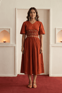 Rust Cotton Satin Mirror Embroidery Dress with Gathered Sleeves - Western Era Dresses for women