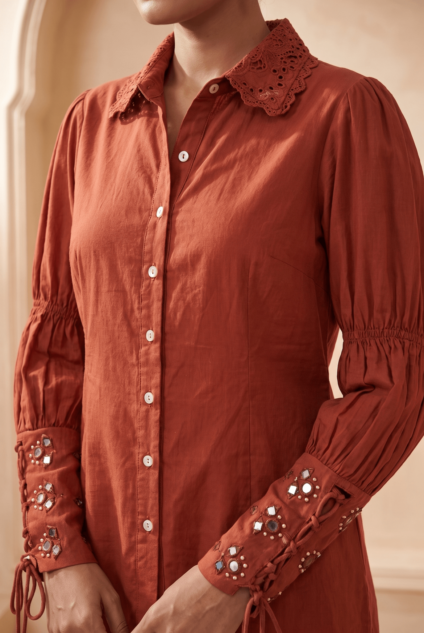 Rust Cotton Satin Shirt with Smocked Sleeves and Mirror Embroidered Cuffs - Western Era Tops for women