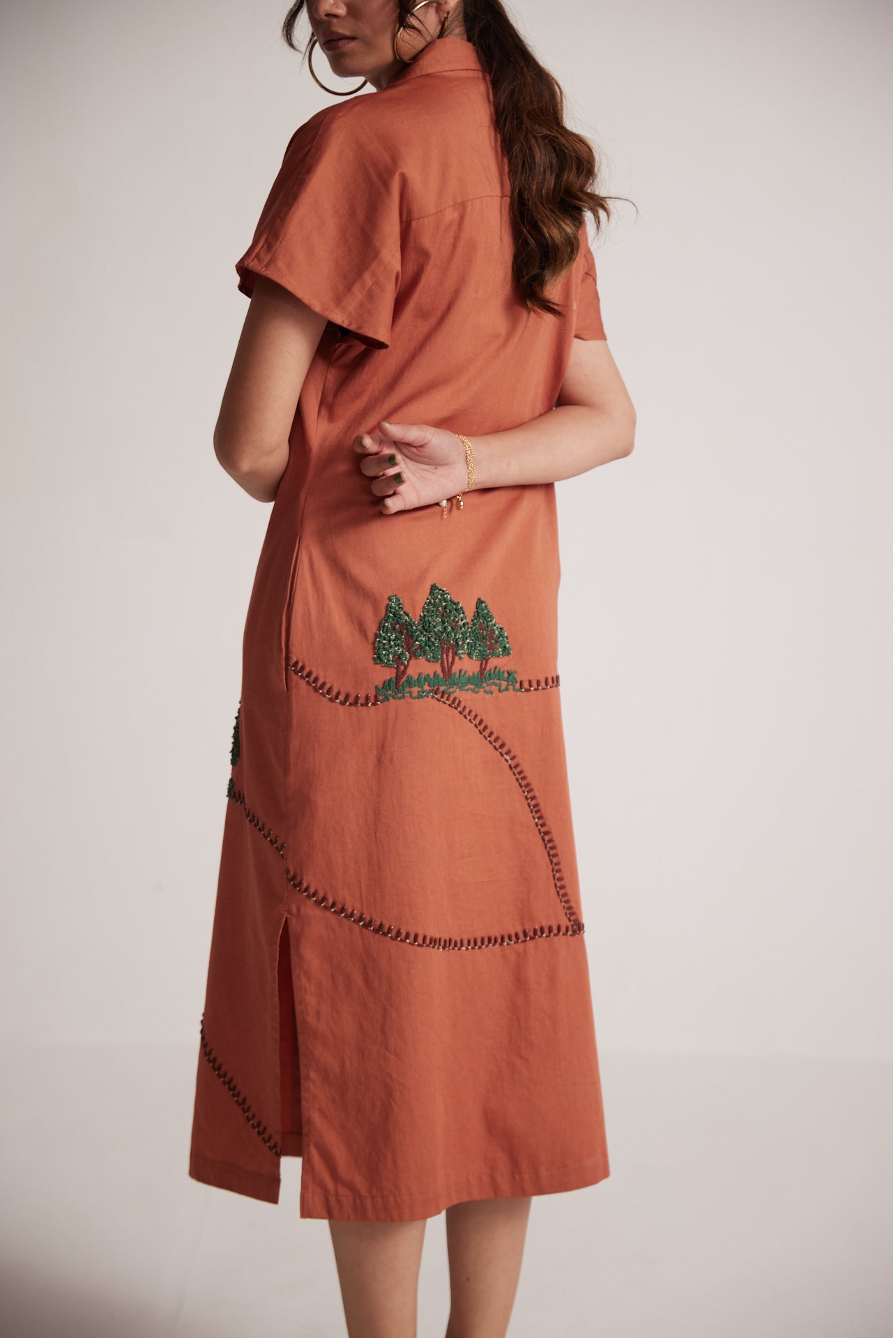 Rust Long Shirt Dress With Front and Back Tree Embroidery - Western Era Embroidery for women