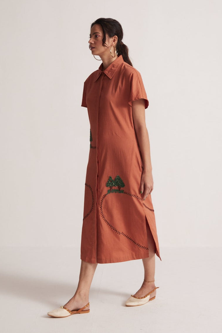 Rust Long Shirt Dress With Front and Back Tree Embroidery - Western Era Embroidery for women