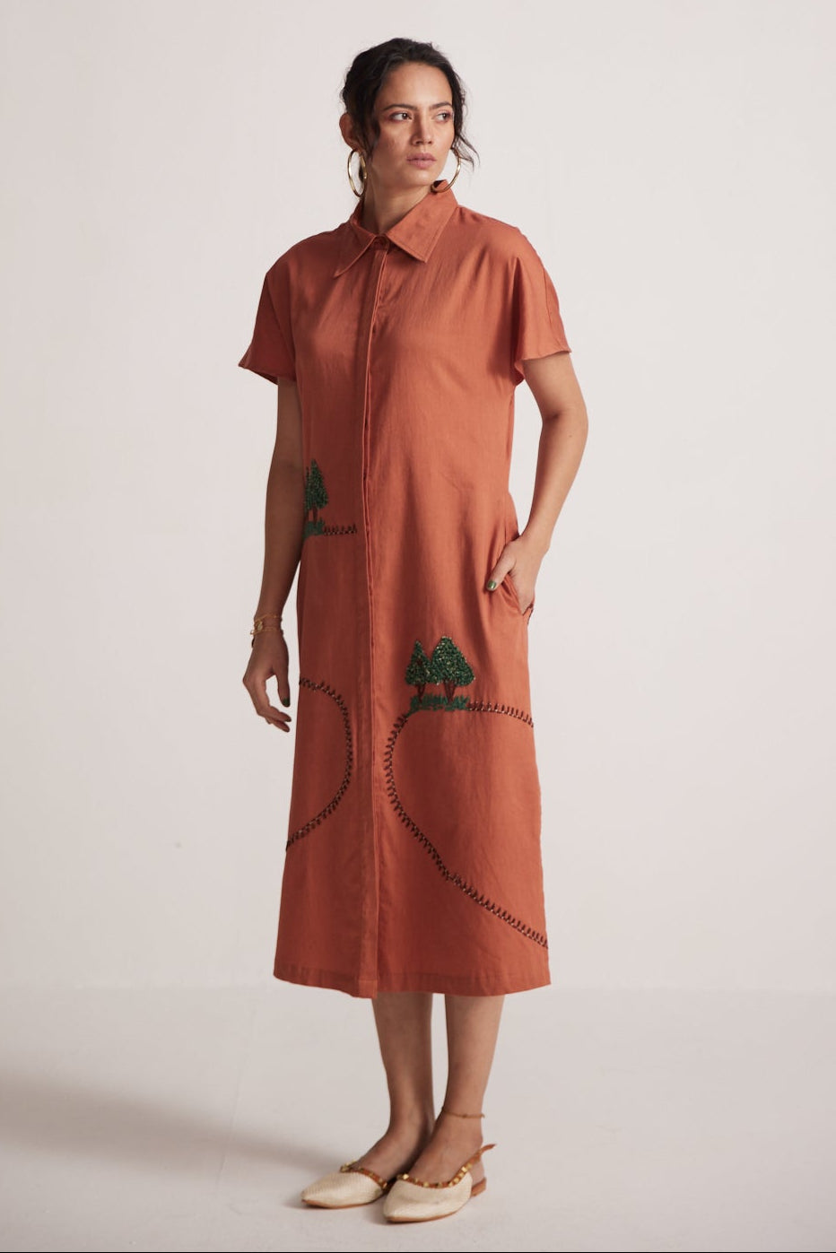 Rust Long Shirt Dress With Front and Back Tree Embroidery - Western Era Embroidery for women