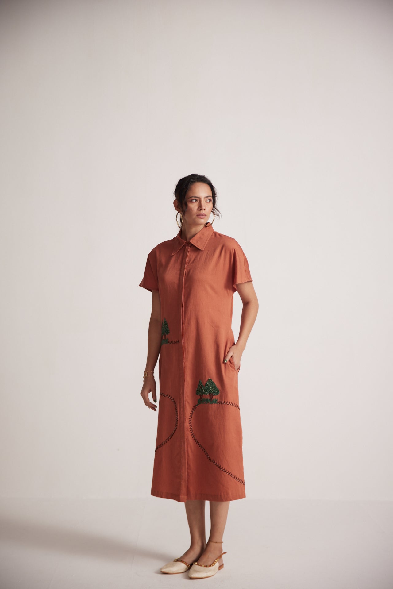 Rust Long Shirt Dress With Front and Back Tree Embroidery - Western Era Embroidery for women