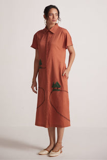 Rust Long Shirt Dress With Front and Back Tree Embroidery - Western Era Embroidery for women