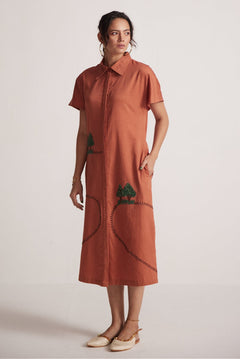 Rust Long Shirt Dress With Front and Back Tree Embroidery - Western Era Embroidery for women