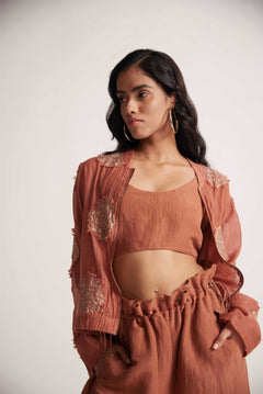 Rust Statement Wear 3 - Piece Set With Zari Path Embroidery - Western Era Embroidery for women