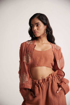 Rust Statement Wear 3-Piece Set With Zari Path Embroidery