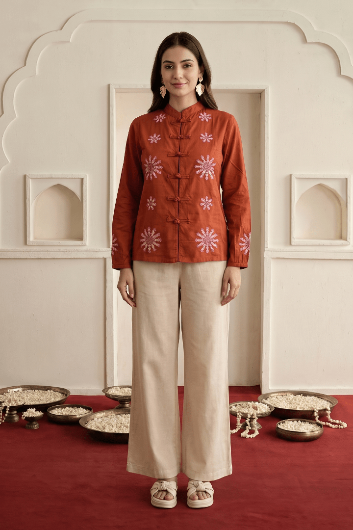 Rust Toned Festive Floral Embroidery Jacket with Loop Closer Details - Western Era Tops for women
