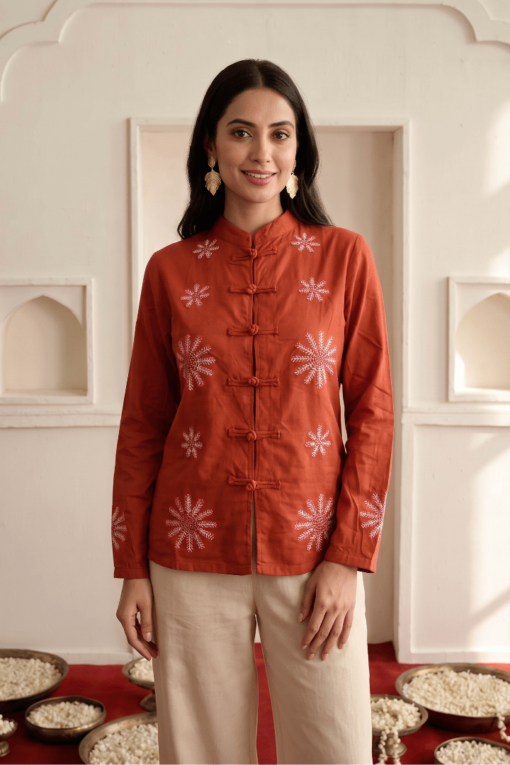Rust Toned Festive Floral Embroidery Jacket with Loop Closer Details - Western Era Tops for women