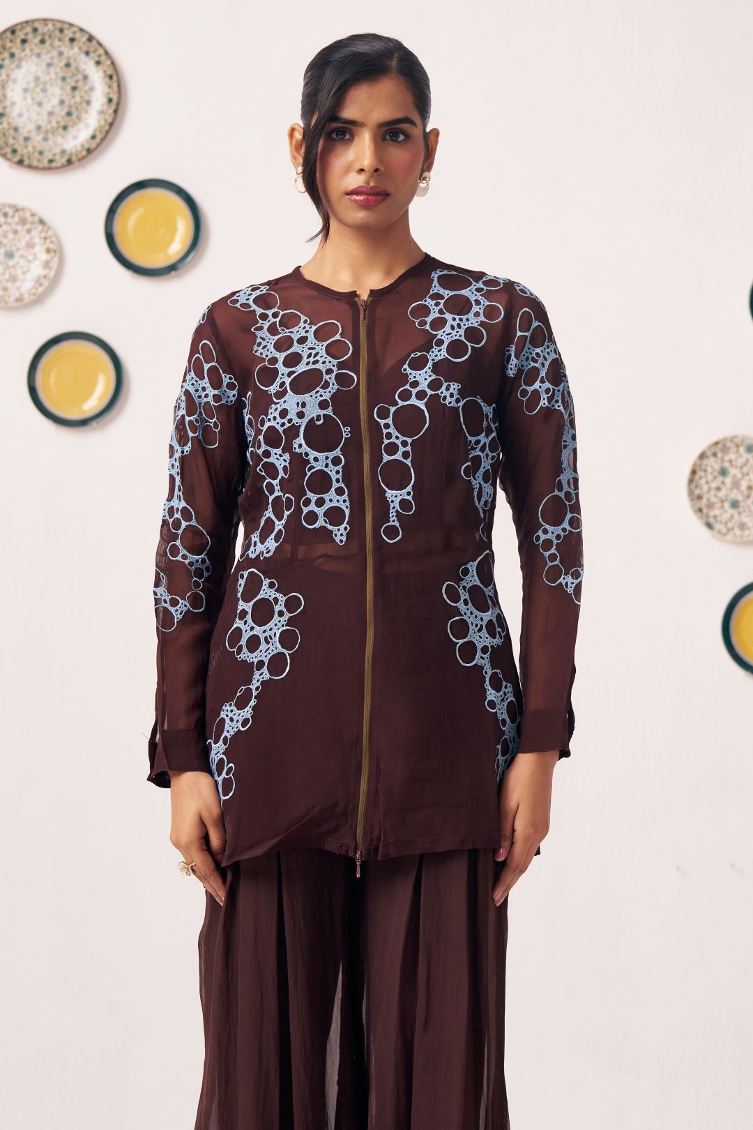 Sable Chocolate Brown Embroidered Jacket & Flared Pants Co - Ord Set - Western Era Co - ord set for women