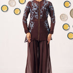 Sable Chocolate Brown Embroidered Jacket & Flared Pants Co - Ord Set - Western Era Co - ord set for women