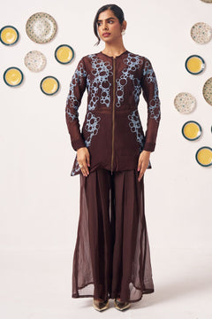 Sable Chocolate Brown Embroidered Jacket & Flared Pants Co-Ord Set