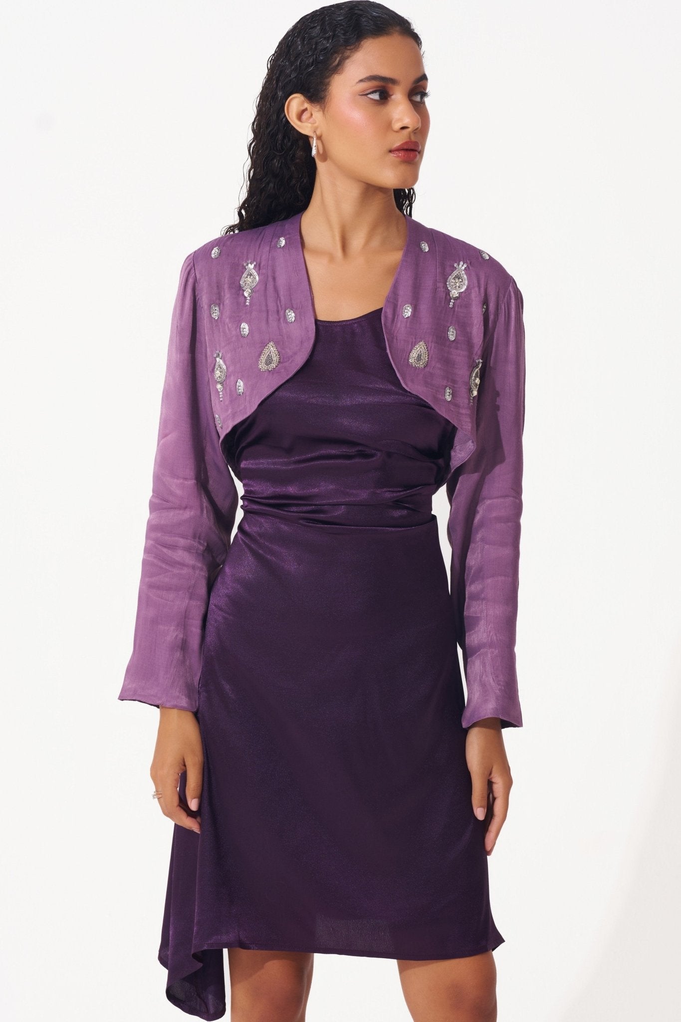 Satin Dress With Embellished Crop Jacket - Western Era Dresses for women