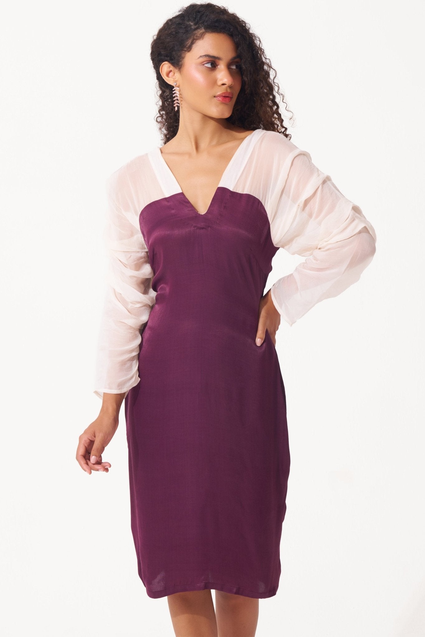 Satin dress with ruched organza sleeves - Western Era Dresses for women